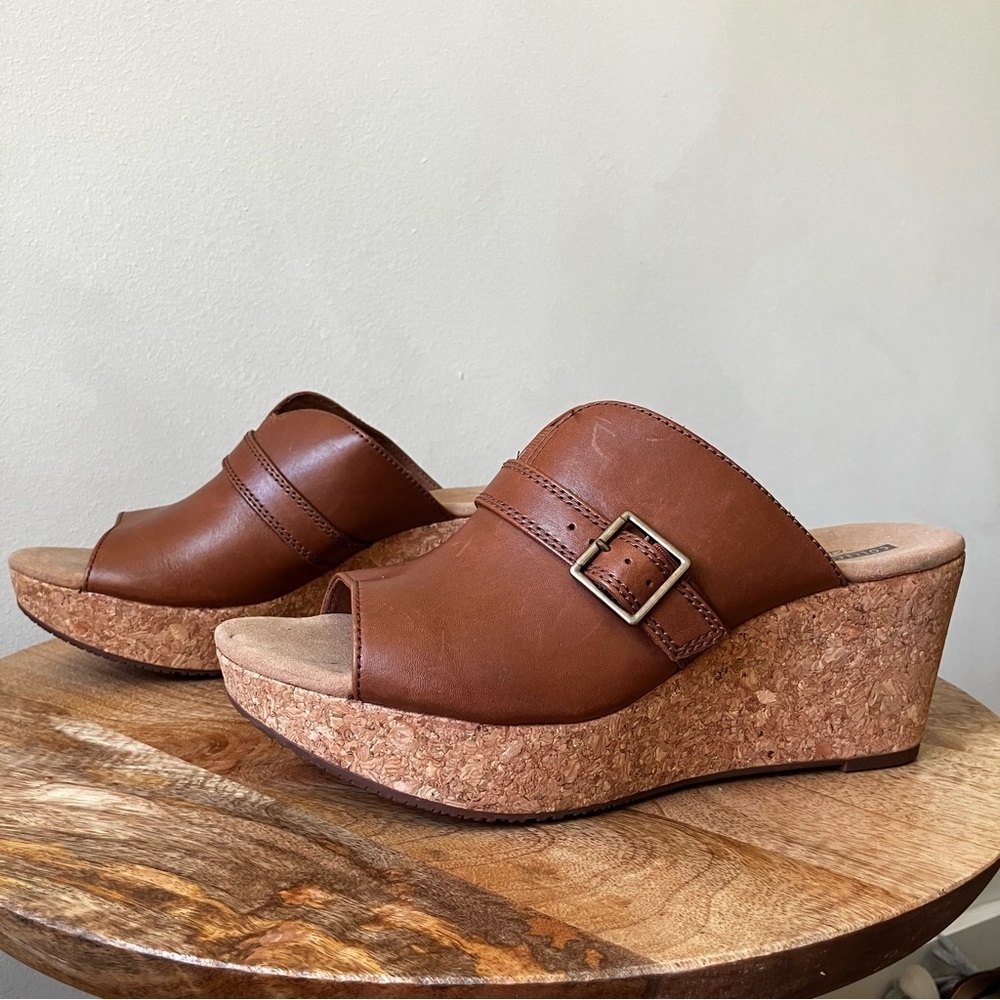 Clarks | Annadel Holly Dark Tan Leather Buckle Wedge Sandal